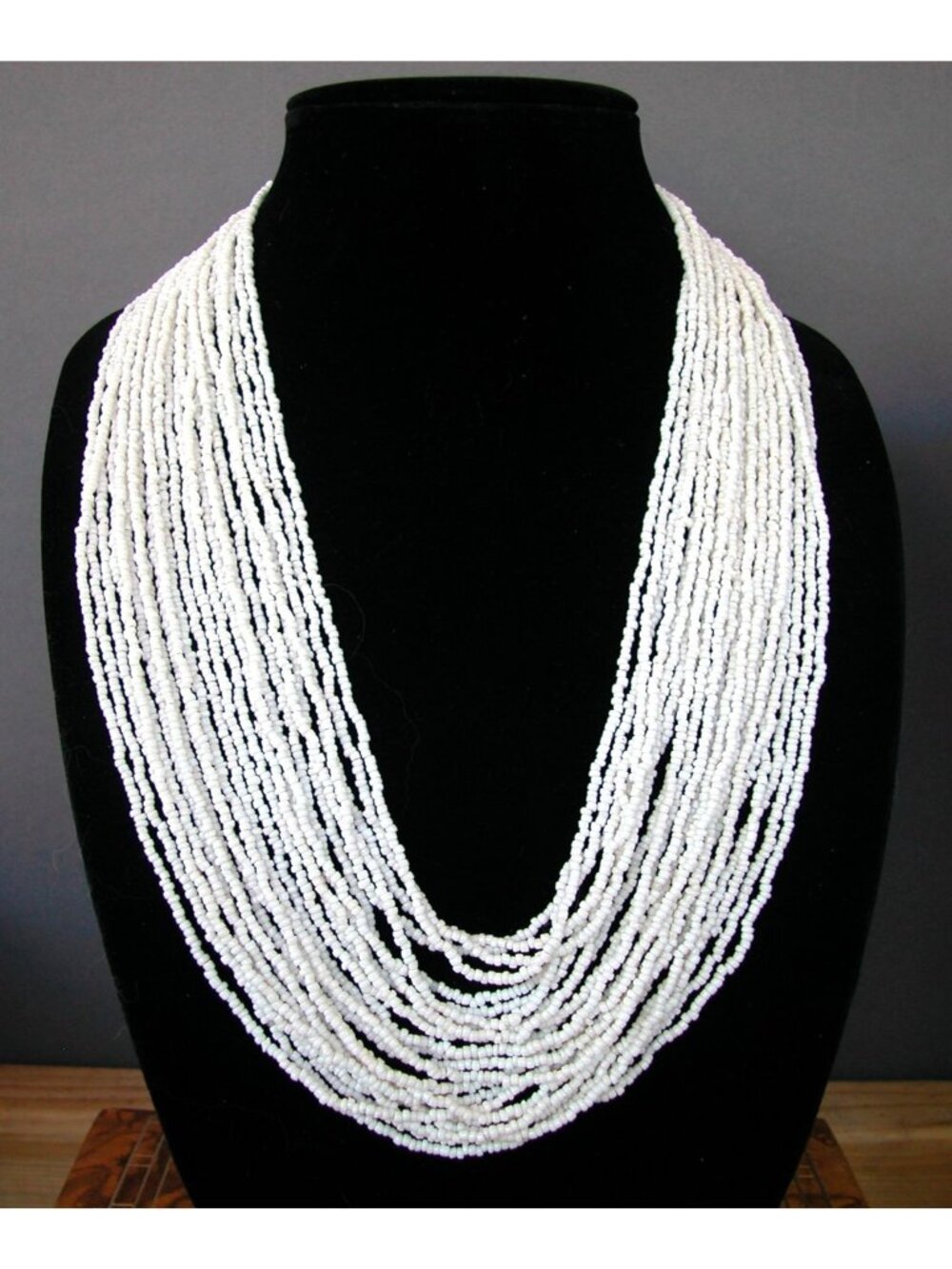 24 Strand White Seed Bead Statement Necklace 24"